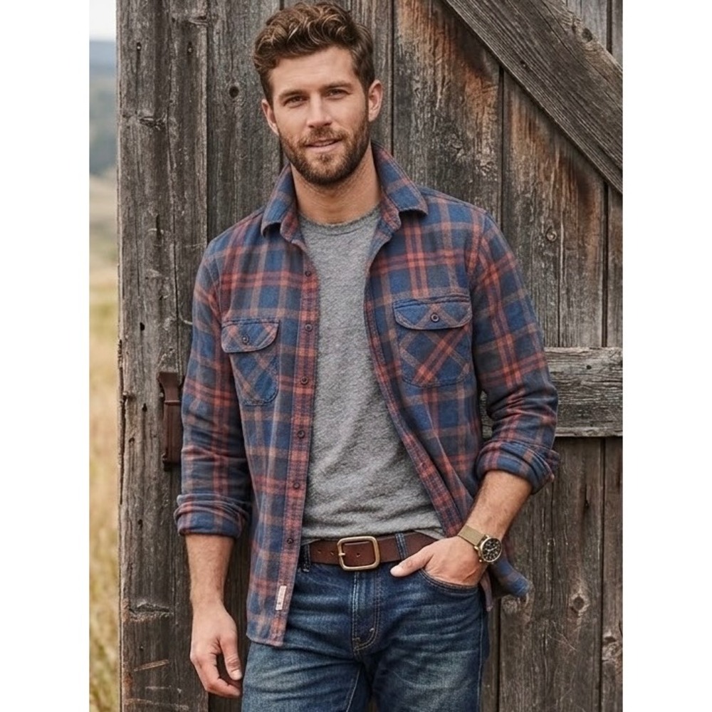 Filson Northwest Camp Shirt Blue Orange Plaid Flannel Button Down Mens Medium
